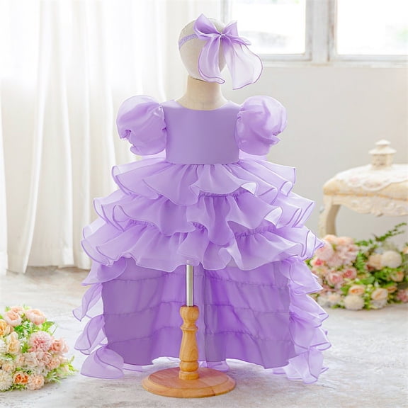 Girls Ruffled Layered Princess Dress with Puff Sleeves High Low Hem Bow Back Gown for Toddlers Kids