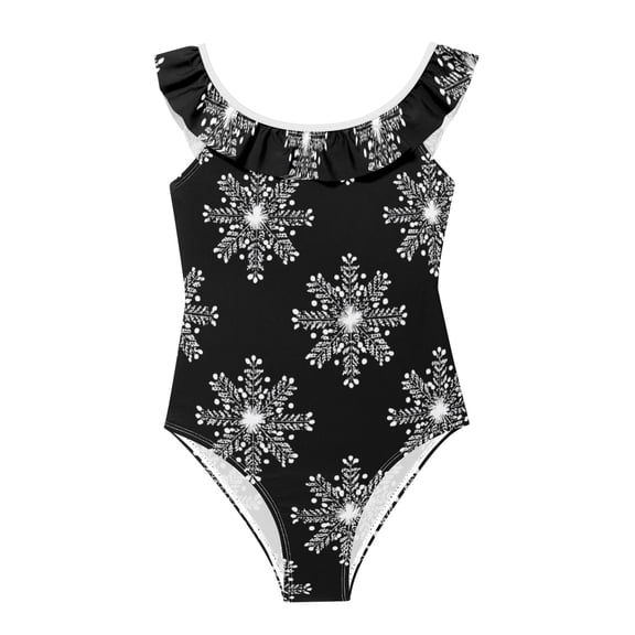 Girls Ruffled One Piece Swimsuit Summer Beach Vacation Swimwear Tank Swimsuit Black and White Lace Pattern