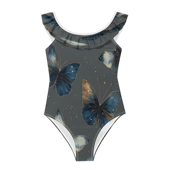 Girls Ruffled One Piece Swimsuit Summer Beach Vacation Swimwear Tank Swimsuit Brown-blue Butterfly Pattern