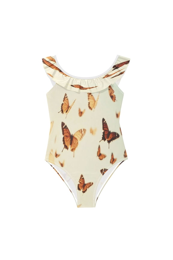 Girls Ruffled One Piece Swimsuit Summer Beach Vacation Swimwear Tank Swimsuit Butterflies Flying in The Air