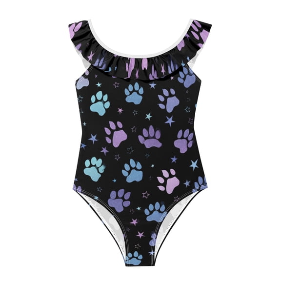 Girls Ruffled One Piece Swimsuit Summer Beach Vacation Swimwear Tank Swimsuit Colorful Dog Paw Prints