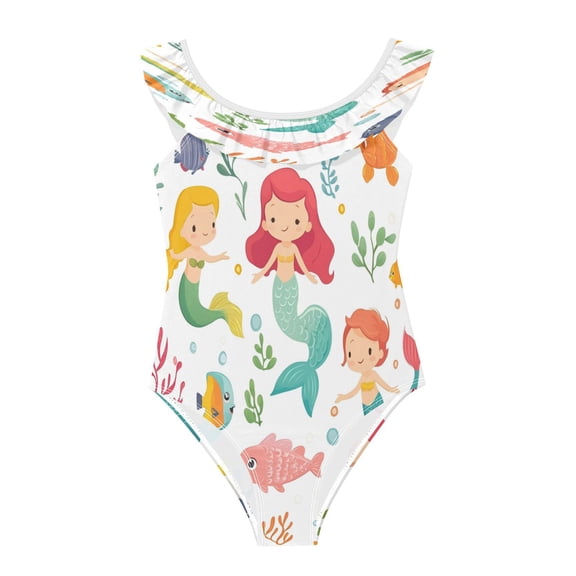Girls Ruffled One Piece Swimsuit Summer Beach Vacation Swimwear Tank Swimsuit Colorful Mermaids