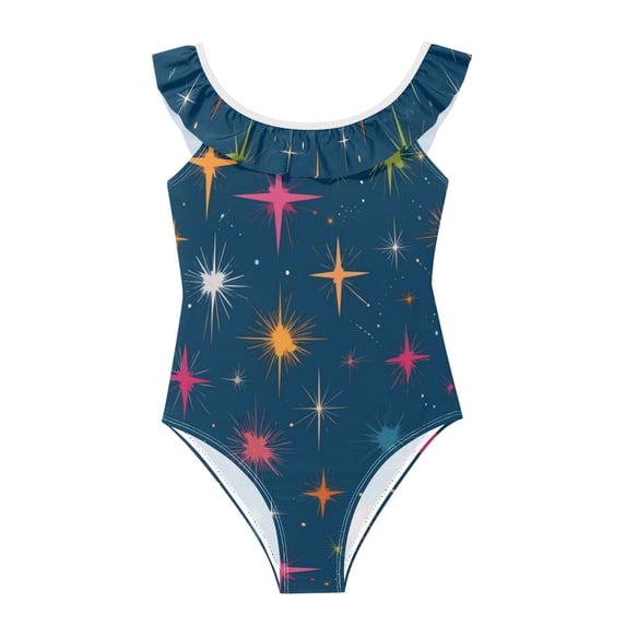 Girls Ruffled One Piece Swimsuit Summer Beach Vacation Swimwear Tank Swimsuit Colorful Stars Pattern