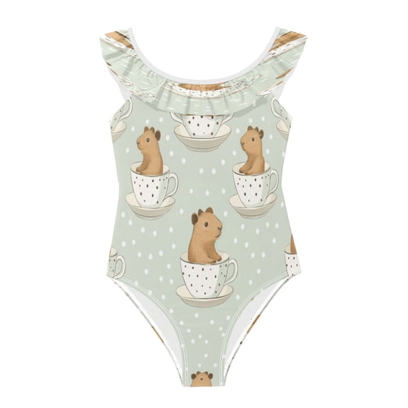 Girls Ruffled One Piece Swimsuit Summer Beach Vacation Swimwear Tank Swimsuit Cute Capybara in Coffee Cups