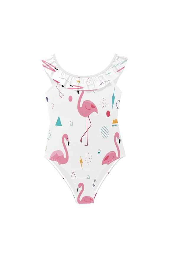 Girls Ruffled One Piece Swimsuit Summer Beach Vacation Swimwear Tank Swimsuit Cute Flamingo Pattern