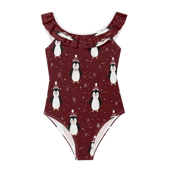 Girls Ruffled One Piece Swimsuit Summer Beach Vacation Swimwear Tank Swimsuit Cute Penguin Pattern