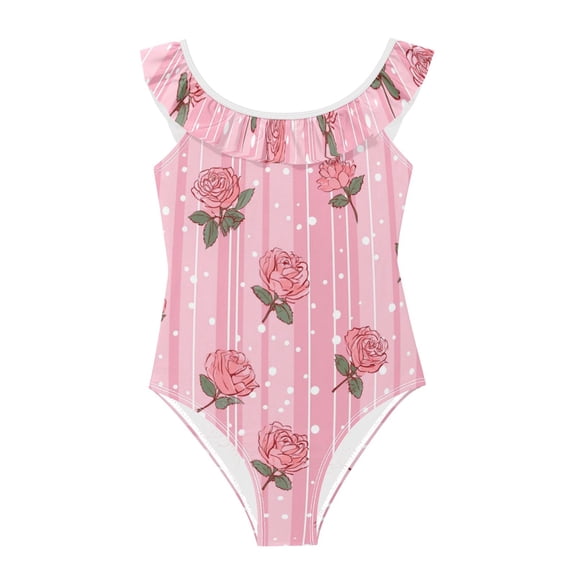 Girls Ruffled One Piece Swimsuit Summer Beach Vacation Swimwear Tank Swimsuit Cute Rose Pattern