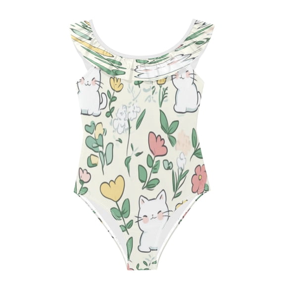Girls Ruffled One Piece Swimsuit Summer Beach Vacation Swimwear Tank Swimsuit Cute White Cat Pattern