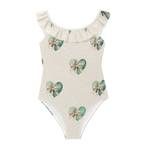 Girls Ruffled One Piece Swimsuit Summer Beach Vacation Swimwear Tank Swimsuit Emerald Green Hearts Pattern