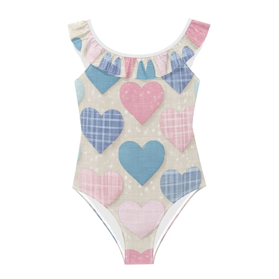 Girls Ruffled One Piece Swimsuit Summer Beach Vacation Swimwear Tank Swimsuit Gingham Heart-shaped Pattern