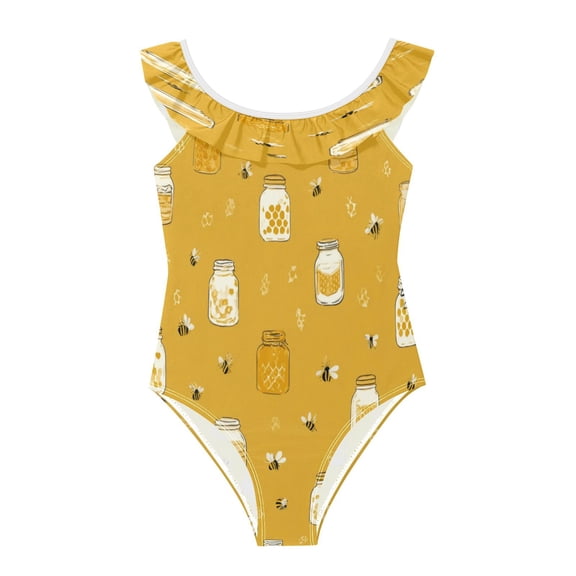 Girls Ruffled One Piece Swimsuit Summer Beach Vacation Swimwear Tank Swimsuit Honey Jars and Bees Pattern