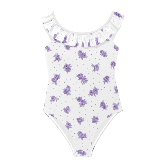 Girls Ruffled One Piece Swimsuit Summer Beach Vacation Swimwear Tank Swimsuit Lavender Roses Pattern