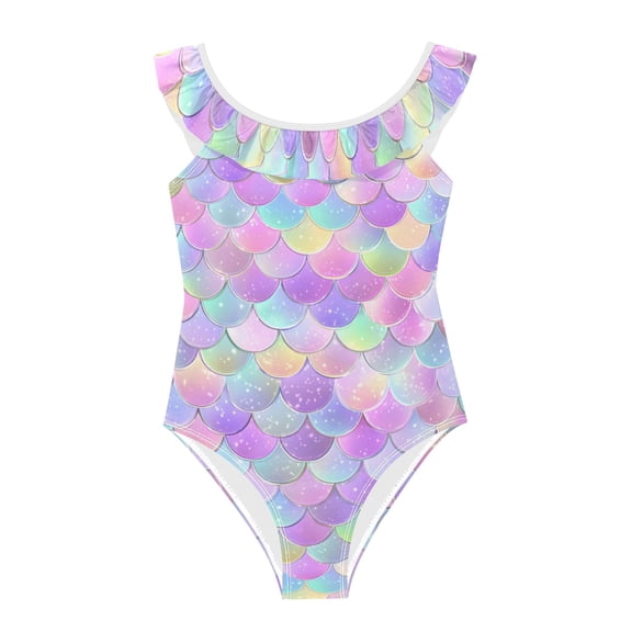 Girls Ruffled One Piece Swimsuit Summer Beach Vacation Swimwear Tank Swimsuit Mermaid Scale Pattern