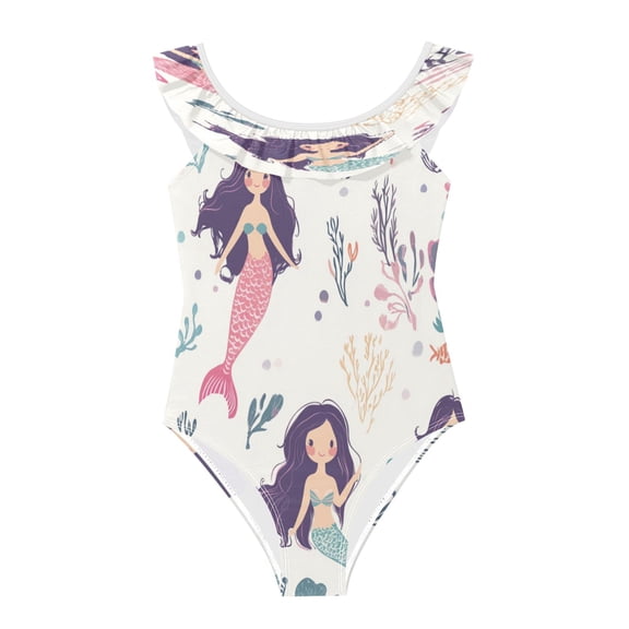 Girls Ruffled One Piece Swimsuit Summer Beach Vacation Swimwear Tank Swimsuit Mermaids Pattern