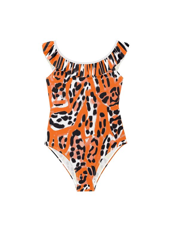 Girls Ruffled One Piece Swimsuit Summer Beach Vacation Swimwear Tank Swimsuit Orange Leopard Print