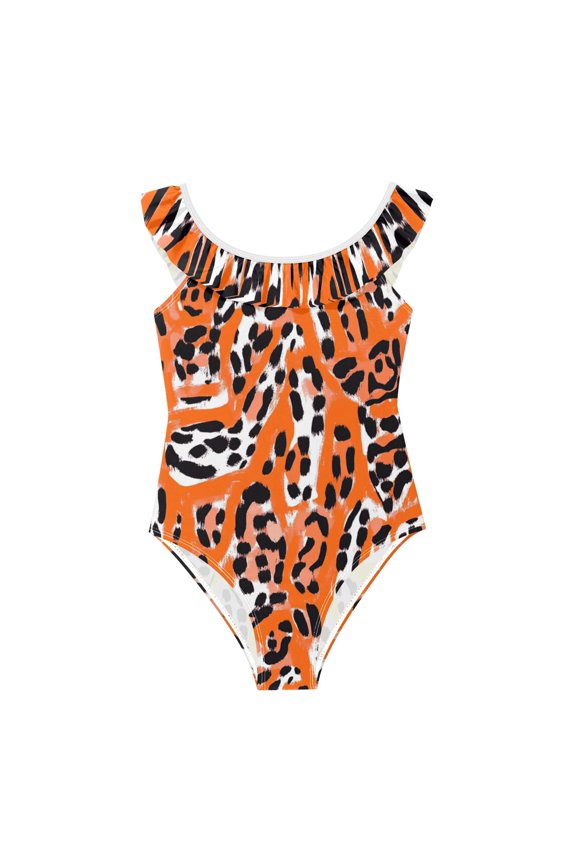 Girls Ruffled One Piece Swimsuit Summer Beach Vacation Swimwear Tank Swimsuit Orange Leopard Print