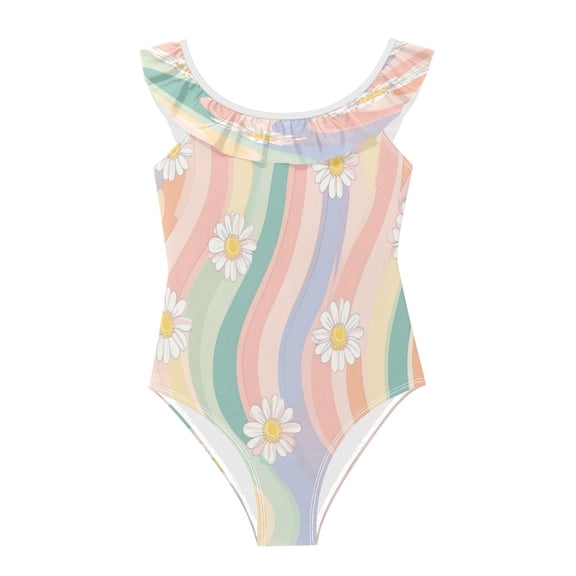 Girls Ruffled One Piece Swimsuit Summer Beach Vacation Swimwear Tank Swimsuit Pastel Rainbow Colors Pattern