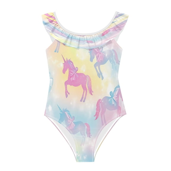 Girls Ruffled One Piece Swimsuit Summer Beach Vacation Swimwear Tank Swimsuit Pastel Unicorns and Bows