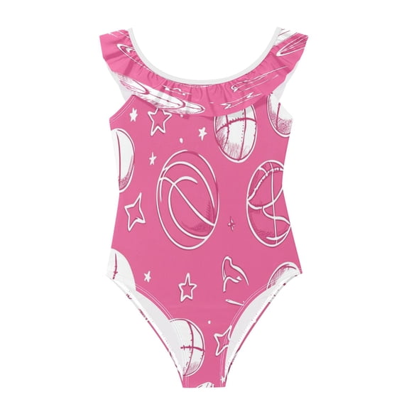 Girls Ruffled One Piece Swimsuit Summer Beach Vacation Swimwear Tank Swimsuit Pattern with Sports Elements