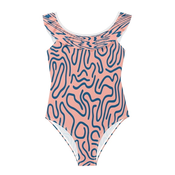 Girls Ruffled One Piece Swimsuit Summer Beach Vacation Swimwear Tank Swimsuit Peach and Blue Line
