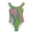 thumbnail image 1 of Girls Ruffled One Piece Swimsuit Summer Beach Vacation Swimwear Tank Swimsuit Pink Palm Leaves, 1 of 8
