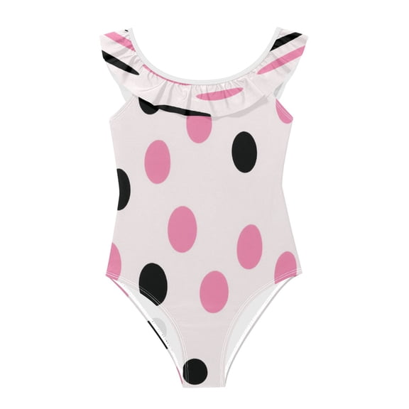 Girls Ruffled One Piece Swimsuit Summer Beach Vacation Swimwear Tank Swimsuit Pink and Black Dots