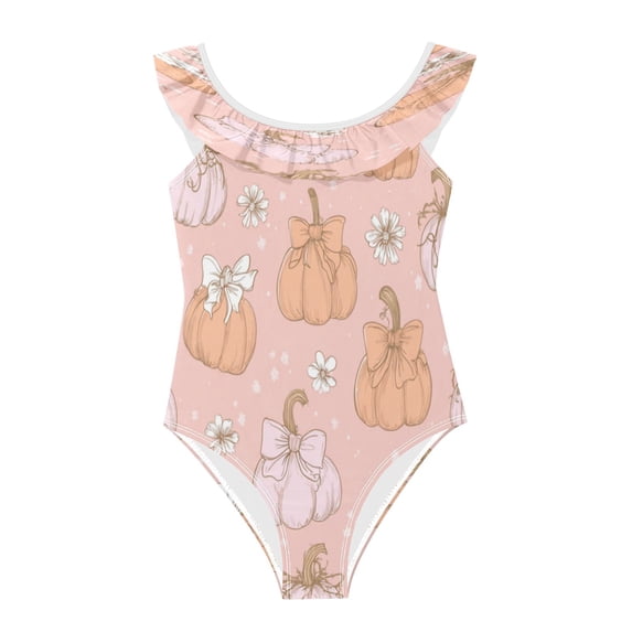 Girls Ruffled One Piece Swimsuit Summer Beach Vacation Swimwear Tank Swimsuit Pumpkins Adorned in Bows