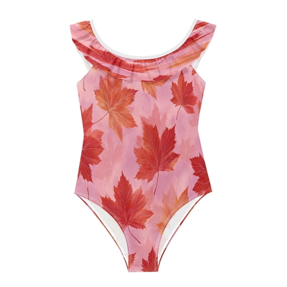 Girls Ruffled One Piece Swimsuit Summer Beach Vacation Swimwear Tank Swimsuit Red Maple Leaf Pattern