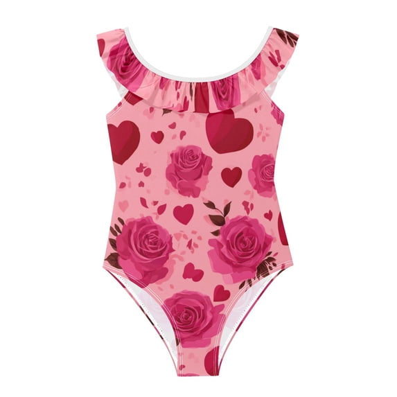 Girls Ruffled One Piece Swimsuit Summer Beach Vacation Swimwear Tank Swimsuit Red Valentine's Day Pattern