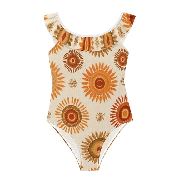 Girls Ruffled One Piece Swimsuit Summer Beach Vacation Swimwear Tank Swimsuit Repeating Sun Pattern