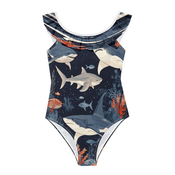 Girls Ruffled One Piece Swimsuit Summer Beach Vacation Swimwear Tank Swimsuit Sharks and Manta Rays