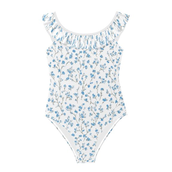 Girls Ruffled One Piece Swimsuit Summer Beach Vacation Swimwear Tank Swimsuit Small Blue Floral Pattern