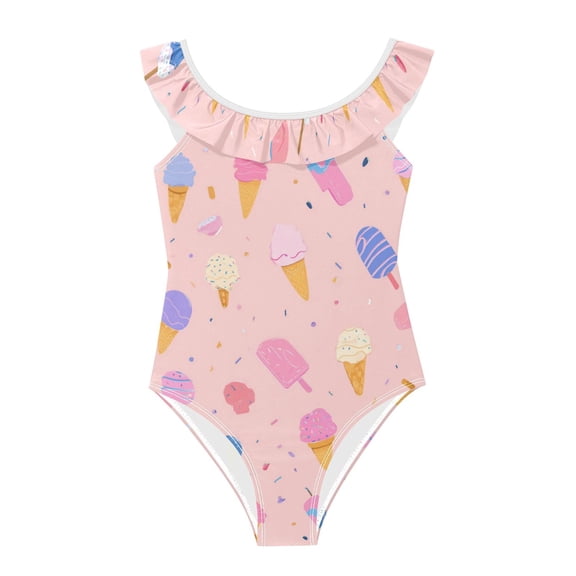 Girls Ruffled One Piece Swimsuit Summer Beach Vacation Swimwear Tank Swimsuit Summer Ice Cream Pattern