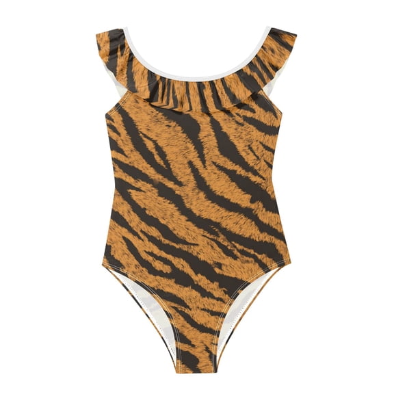 Girls Ruffled One Piece Swimsuit Summer Beach Vacation Swimwear Tank Swimsuit Tiger Stripes Pattern