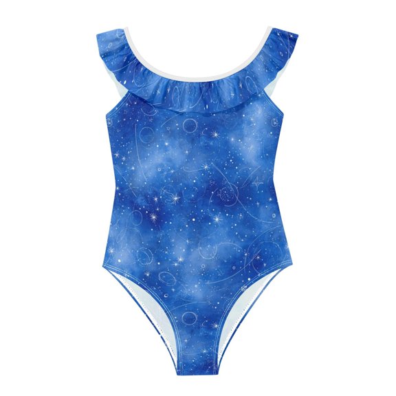 Girls Ruffled One Piece Swimsuit Summer Beach Vacation Swimwear Tank Swimsuit Watercolor Blue Space Pattern