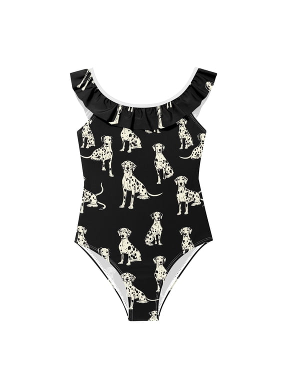 Girls Ruffled One Piece Swimsuit Summer Beach Vacation Swimwear Tank Swimsuit White Dalmatian Dogs