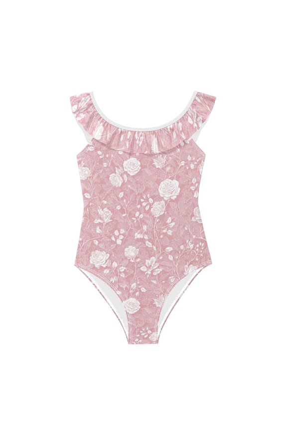 Girls Ruffled One Piece Swimsuit Summer Beach Vacation Swimwear Tank Swimsuit White Roses and Vines