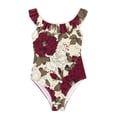 thumbnail image 1 of Girls Ruffled One Piece Swimsuit Summer Beach Vacation Swimwear Tank Swimsuit White and Crimson Roses Pattern, 1 of 8