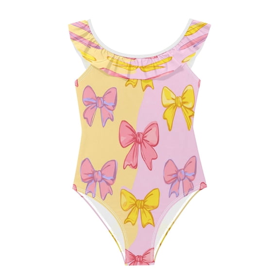 Girls Ruffled One Piece Swimsuit Summer Beach Vacation Swimwear Tank Swimsuit Yellow and Pink Bows