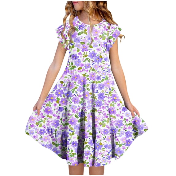 Girls Ruffled Sleeve Dresses Crew Neck Cute Floral Print Midi Dress Summer Casual Trendy Clothes With Pockets (10-11Years, Purple)
