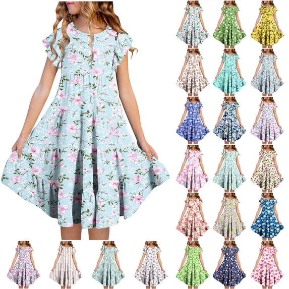 Girls Ruffled Sleeve Dresses Crew Neck Cute Floral Print Midi Dress Summer Casual Trendy Clothes With Pockets (12-13 Years, Light Blue)