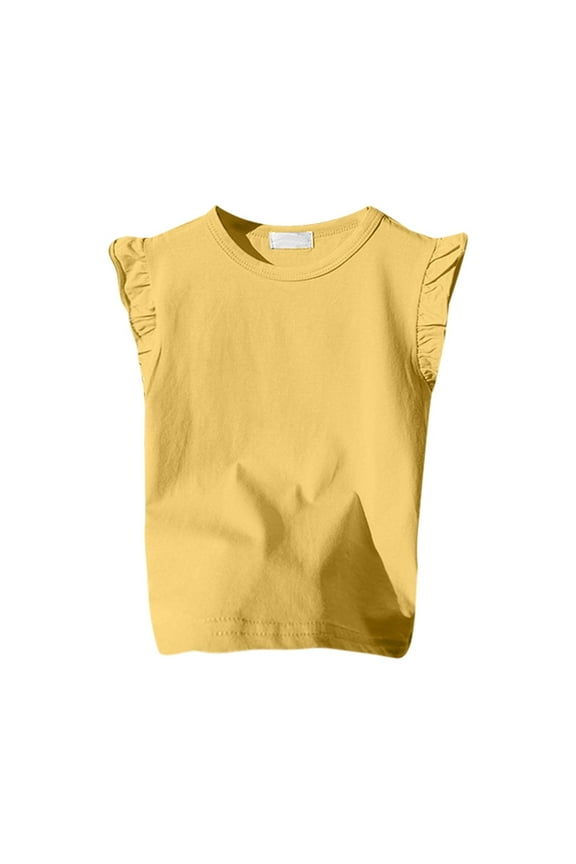 Girls' Ruffled Sleeve T Shirt Solid Color Tank Top Ruffled Short Sleeve Sports Casual Top Yellow 2 Y -3 Y