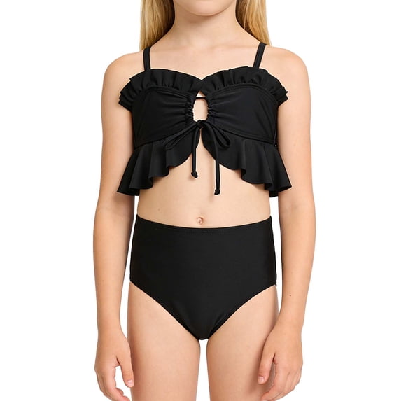 Girls Ruffled Swimsuits Cross-Tie Open Back Halter Swim Top & High Waisted Swim Bottoms Two Piece Beachwear (11-12 Years, Black)