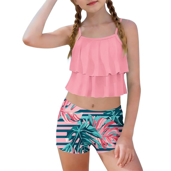 Girls Ruffled Tankini Swimsuit Set with Boyshort Shorts, Tropical Monstera Leaf Print Bathing Suit 6-15 Years,Size 12-13 T