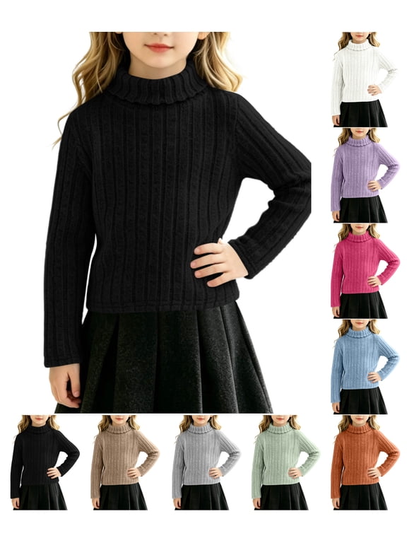 Girls Ruffled Turtleneck Sweater Solid Color Soft Long Sleeve Ribbed Knit Pullover Top for Fall Winter (7-16 Years)
