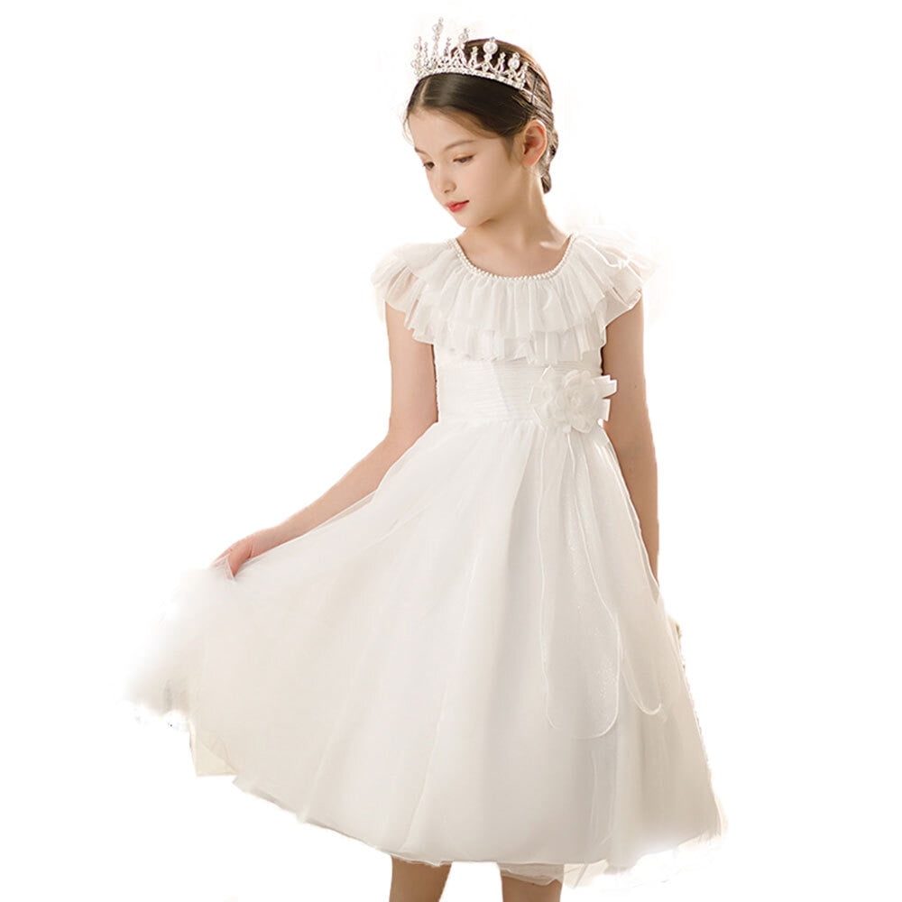 Girls' White Floral Puffy Ball Gown Dress with Ruffle Detail