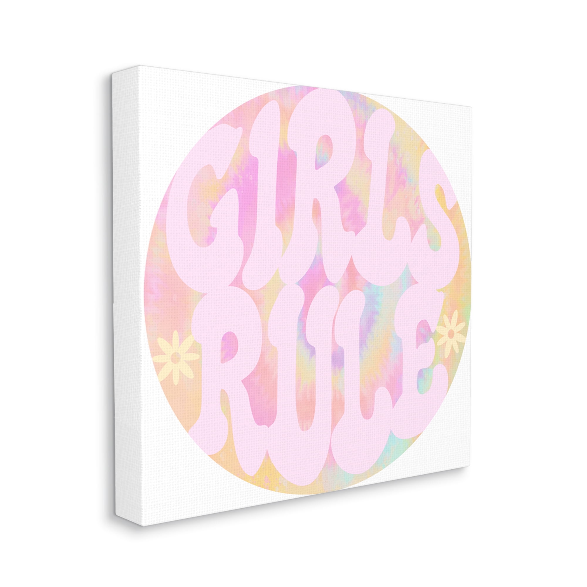 Girls Rule Phrase Pink Retro Tie Dye Pattern Art for Kids Gallery-Wrapped Canvas Print Wall Art, 17x17