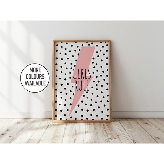 Girls Rule Pink Lightning Bolt Playroom Wall Art, Unframed Canvas 8x10in