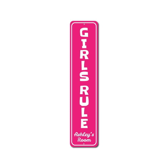 Girls Rule Vertical Sign, Child Name Bedroom Decor, Custom Kid Playroom Girl Power Aluminum Sign - 4x18 inches