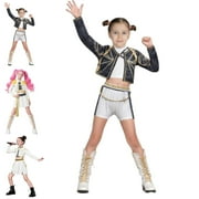 YKARITIANNA Girls Rumi Pop Singer Pendant Dance Stage Outfit Set Long Sleeve Jackets Crop Top Shorts Outfit Sets Party Theme Dress Up(130)